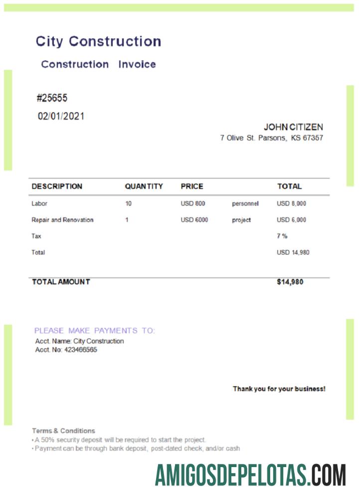 Fatura de construção da cidade dos EUA exemplo real